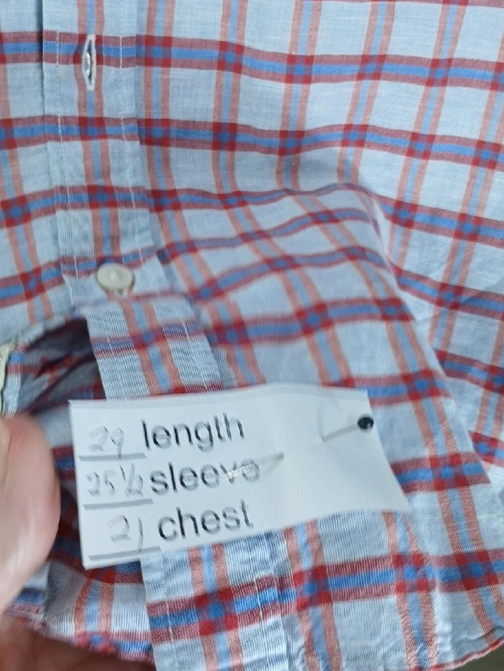 J. Crew Men’s Light Blue and Red Plaid Button-Down linen + cotton Shirt